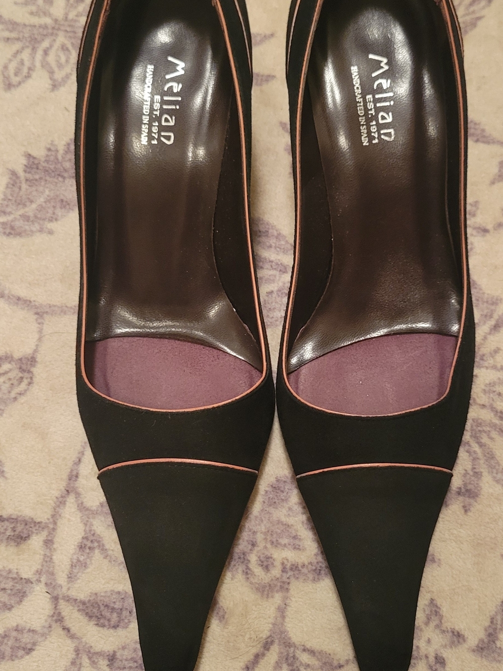 Elian Black Pointed Toe Pumps with Pink Trim